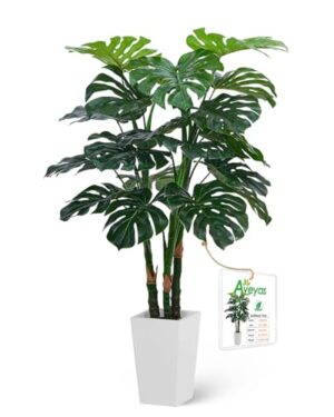 Aveyas 4ft Tall Artificial Monstera Deliciosa Plants, 4 Feet Faux Swiss Cheese Plants Fake Silk Tree with Pot for Indoor Outdoor Office House Living Room Home Decor (4 ft Tall Including Raised Pot)