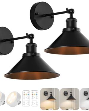 Bailoch Black Vintage Wireless Battery Operated Wall Sconces, Industrial Cordless Battery Powered Led Wall Lights Set of 2, Wall Lamp Fixture Indoor with Remote Control for Bedroom Farmhouse Gallery