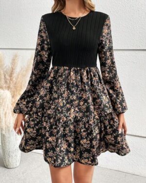 Balvessa Floral Print Lantern Sleeve Ruffle Hem Dress Fall Cloth For Women