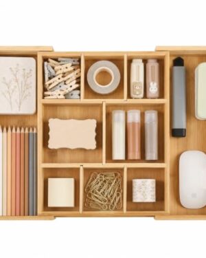 Bamboo Drawer Organizer Expandable Desk Storage Set, 10 Adjustable Compartment Junk Drawer Divider and Trays Containers for Kitchen Utensil, Office Supplies, Makeup, Jewelry & Cosmetics Organization