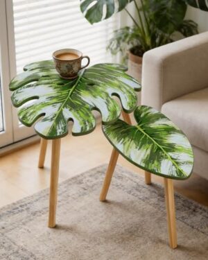 BAMEOS Monstera Leaf Nesting Tables Set of 2, Small Side Tables f Set with Leaf Vein Pattern, Modern Wooden CoffeeTables for Living Room Bedroom Apartment Balcony Yard