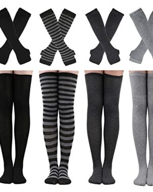 Barrlves 4 Sets Womens Striped Knee High Socks Long Knit Arm Warmers Fingerless Gloves for Halloween Costume (4sets Solid Black+White+DeepGrey+Grey)