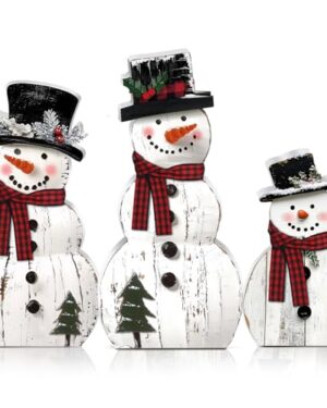 Barydat 3 Pcs Snowman Christmas Decoration Rustic Wooden Indoor Decor