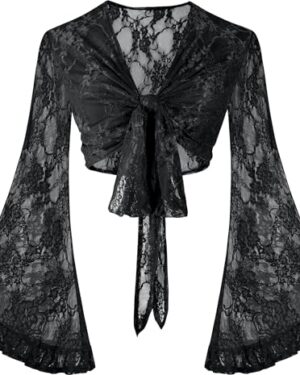 BB&KK Women Boho Tops Lace Tie Front Bell Sleeve Crop Blouse 70s Outfit