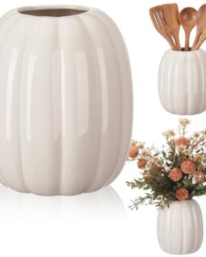 Beeveer 6.7 Inch Ceramic Pumpkin Vase Large Artificial Fake White Pumpkin Flower Vase Decorative Plant Pots for Fall Autumn Halloween Harvest Thanksgiving Farmhouses Home Room Office Decorations