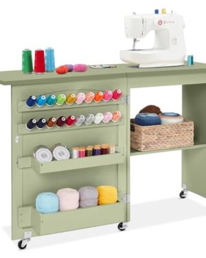 Best Choice Products Folding Sewing Table Multipurpose Craft Station & Side Desk with Compact Design, Wheels, Shelves, Storage Trays, Pegs, Magnetic Doors, Metal Doorknobs - Light Green