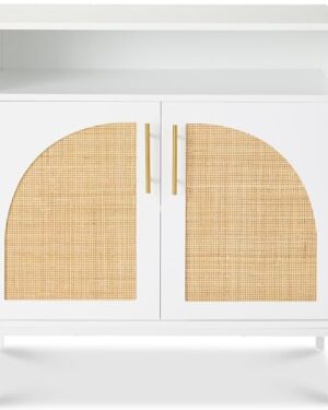 Best Choice Products Rattan Sideboard Buffet Cabinet, Entryway Table, Accent Storage Cabinet, Console Table for Hallway, Living Room, Dining Room - White