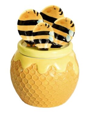 Bicuzat Ceramic Bee and HoneyComb Measuring Spoons Set for Dry or Liquid with Measuring Cup Set, 4 PCS Kitchen Measuring Baking Spoons Cooking Measuring Spoons for Kitchen Baking Tool Utensil Set