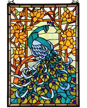 Bieye W10011 Peacock Tiffany Style Stained Glass Window Panel Hangings with Chain, 15" W x 23" H