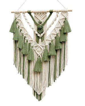 Boho Macrame Wall Hanging & Wall Decor, Cotton Handmade Tapestry with Tassel, Woven Macrame Wall Art for Decorating Bedroom Living Room Apartment Nursery (Green)