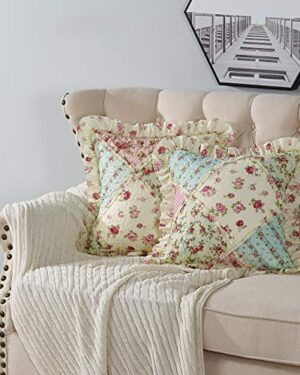 Brilliant Sunshine Pink & Green Roses Ruffle Pillowshams Set, 18"x18"