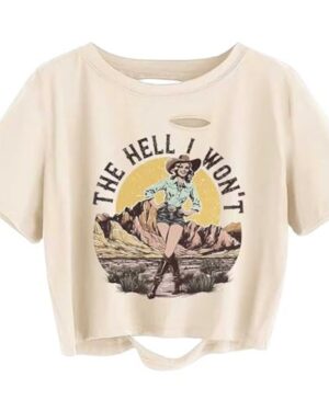 Butovek Womens The Hell I Won't Shirt Retro Western Cowgirls Crop Tops Country Concert Distressed Ripped Short Sleeve Tee(M,Beige02)