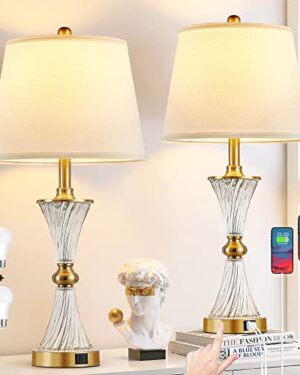 BZZMMB 27" Bedroom Lamps Set of 2, Gold Glass Touch Lamps with USB C+A Ports, 3-Way Dimmable Light Fixture for Nightstand, Modern Table Side Lighting for Living Room, 2 Bulbs Included