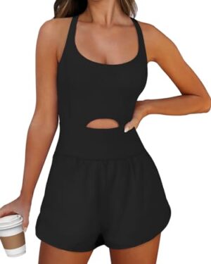 Caracilia Women's Workout Athletic Romper Summer Sets Short Jumpsuits Onesie Running Outfits Exercise Gym 2025 Trendy Clothes Black M