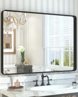 CHARMOR 44x30 Inch Black Metal Framed Bathrrom Mirror for Wall