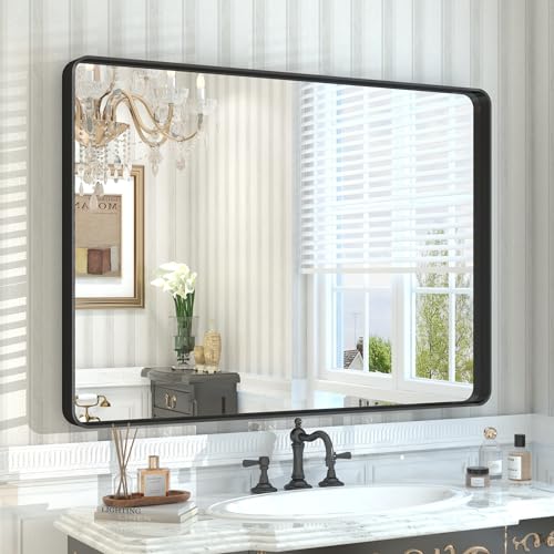 CHARMOR 44x30 Inch Black Metal Framed Bathrrom Mirror for Wall