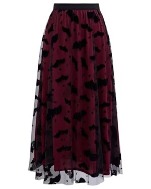 CHICWISH Women's Burgundy Tulle Tutu Skirt Velvet Bats Elastic Waist Halloween Party Layered Mesh Midi Skirt Halloween Costumes