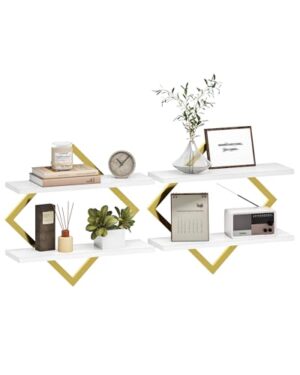 CHOEZON Floating Shelves for Wall, Set of 2 Wall Mounted Shelves, 2-Tier Hanging Shelves, for Living Room, Bedroom, Kitchen, Office, Study, Gold and White TBJ01P2JW