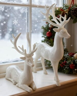 Christmas Deer Figurine Set of 2, Holiday Deer Ornaments for Mantel Decor, Festive Christmas Decorations for Home, Santa's Reindeer Inspired Decor for Tabletop Shelf Display