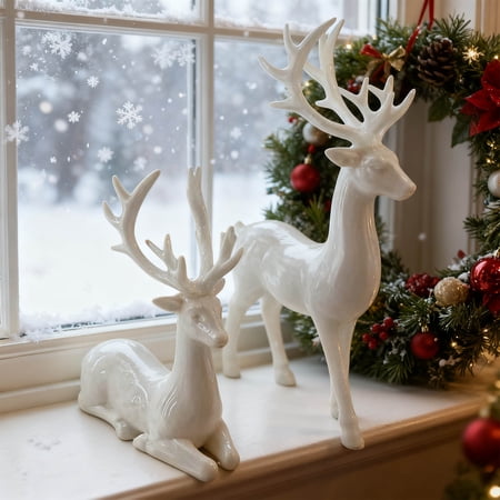 Christmas Deer Figurine Set of 2, Holiday Deer Ornaments for Mantel Decor, Festive Christmas Decorations for Home, Santa's Reindeer Inspired Decor for Tabletop Shelf Display