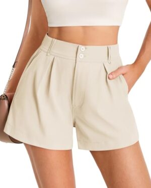 Cicy Bell Womens Summer Elastic High Waisted Shorts Pleated Wide Leg Trendy Casual A Line Comfy Shorts Apricot