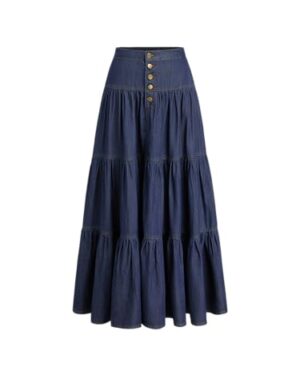CIDER Womens Long Jean Denim Tiered Button Down High Waist Maxi Skirts