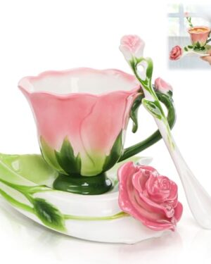 Cididu Pink Tea Cups with Saucer and Spoon, 4.5 Oz Small Ceramic Rose Flower Tea Cup Set for Women Girls, Hand Crafted Vintage Coffee Latte Mug, Fancy Teaware for Mother's Day, Birthday Gift, Wedding