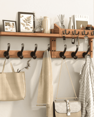 Coat Rack Wall Mount with Shelf,4 in 1 Coat and Key Hanger with 11 Hooks,Entryway Wall Mounted Shelf with Mail Holder for Living Room, Bedroom, Wood