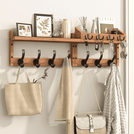 Coat Rack Wall Mount with Shelf,4 in 1 Coat and Key Hanger with 11 Hooks,Entryway Wall Mounted Shelf with Mail Holder for Living Room, Bedroom, Wood