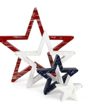 COCHIE 4th of July Decorations Stars Set of 4, Red White Blue Decor, Patriotic Memorial Day Star Tiered Tray Decor, Labor Day Fourth of July Decoration for Home Office Table Shelf (Retro Solid)