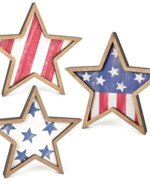 COCHIE 4th of July Decorations Wooden Stars, Patriotic Memorial Day Star Tiered Tray Decor Set of 3, Fourth of July Red White Blue Decoration for Home Office Table Shelf (Flag Retro)