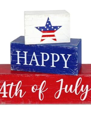 COCHIE Wooden Happy 4th of July Decorations Table Sign, Red Blue White Table Centerpiece Blocks, Patriotic Decorations for Home, Office, Mantel, Tabletop, Party, Shelf Set of 3 (July Retro)