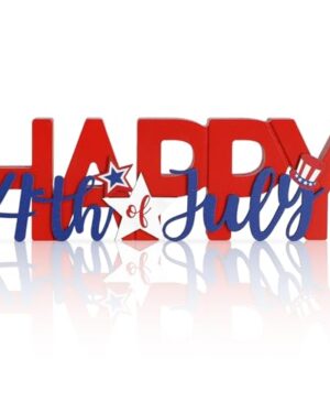 COCHIE Wooden Happy 4th of July Sign, Fourth of July Decorations for Home, Office, Shelf, Mantel, Indoor, Wood Patriotic Decor, Red Blue and White Table Top Centerpiece Party Decoration (Patriotic)