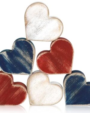 COCHIE Wooden Hearts 4th of July Decorations Indoor, Wood Heart Blocks Memorial Day Tiered Tray Decor Set of 6, Red Blue White Veterans Day Decoration for Home Party Office Shelf Mantle (Patriotic)
