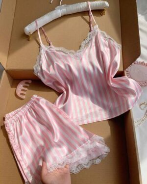 Comfortcana Vertical Stripe Lace Trim Satin Cami Top & Shorts Pajama Set