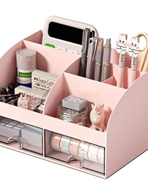 COMFYROOM Desk Organizer with 6 Compartments and 2 Drawers, Plastic Makeup Organizer, Pen Holder for Desktop Storage, Desk Organization for School, Home, Office Supplies (Pink)