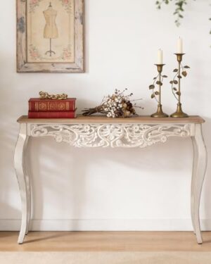 Console Table for Entryway with Carved Details, 43.31" Long Sofa Table Behind Couch, Vintage French Country Entry Table with Wood Carvings and Curved Legs for Hallway, Living Room - Antique White