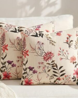 Corduroy Floral Throw Pillow Covers 18x18in Set of 2, Farmhouse Decor