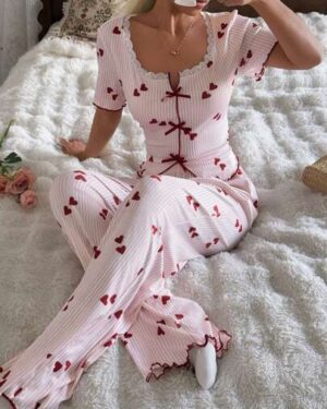CottageSlumber 2pcs Women Romantic Lace Knit Texture Heart Striped Print Short Sleeve PJS Cherry Pajamas Flamingo Pajamas Pajamas Dress Two Piece Sleepwear Set