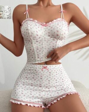 CottageSlumber Ditsy Floral Print Bow Front Cami Top & Shorts PJ Set / Pajama Set White Set