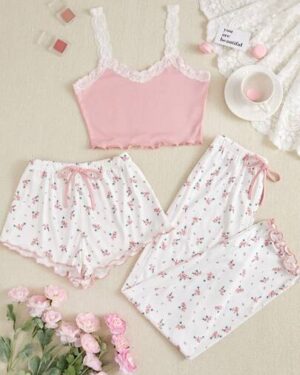 CottageSlumber Women's Lace Trim Cami Top And Floral Print Shorts & Long Pants Pajama Set Bountiful Floral Splendor Cozy And Elegant Details