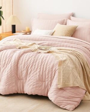 CozyLux Queen Comforter Set, 7 Pieces Blush Pink Seersucker Bed in a Bag