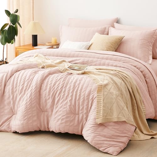 CozyLux Queen Comforter Set, 7 Pieces Blush Pink Seersucker Bed in a Bag