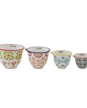 Creative Co-Op Floral Hand Stamped Stoneware Measuring Cups (Set of 4 Sizes/Designs)