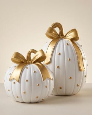 CRPQX White and Gold Pumpkin Decor, 2Pcs Fall Bow Pumpkin for Thanksgiving