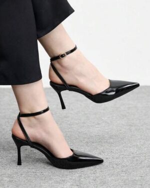 SHEIN |  Pointed Thin High Heel Black Ankle Strap Slingback Shoes