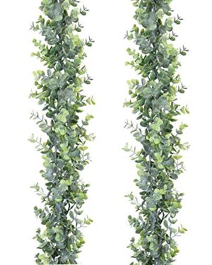 DearHouse Faux Eucalyptus Garland Plant, 2 Pack Artificial Vines Hanging Eucalyptus Leaves Greenery Garland for Wedding Backdrop Arch Wall Decor, 6 Feet/pcs UV Protected Indoor Outdoor