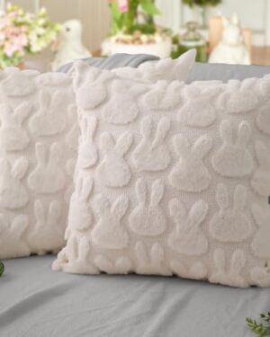 DFXSZ Easter Pillow Covers 18x18 inch Set of 2 Easter Decoration Cream White Rabbit Soft Plush Faux Fur Jacquard Throw Pillows for Bedroom Sofa Holiday Festivals Home Decor FHJ-010A18