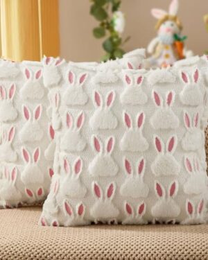 DFXSZ Easter Pillow Covers 18x18 inch Set of 2 Easter Decorations Pink Ears White Rabbit Soft Plush Faux Fur Jacquard Throw Pillows for Bedroom Sofa Holiday Festivals Home Decor FHJ-07D18