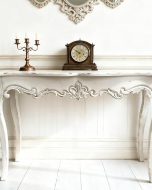 Distressed White Wood Console Table with Carved Details and Cabriole Legs, French Country Entryway Table with Curved Top, Farmhouse Sofa Table for Living Room, Hallway, Foyer - 44" L x 16.5" W x 30" H